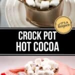 Glass mugs of Slow Cooker Hot Cocoa topped with mini marshmallows and chocolate chips on white plates, with a red striped cloth in the background.