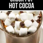 A glass mug of hot cocoa topped with marshmallows and chocolate chips, with the text "Slow Cooker Hot Cocoa" and "Cozy & Rich" above the image.