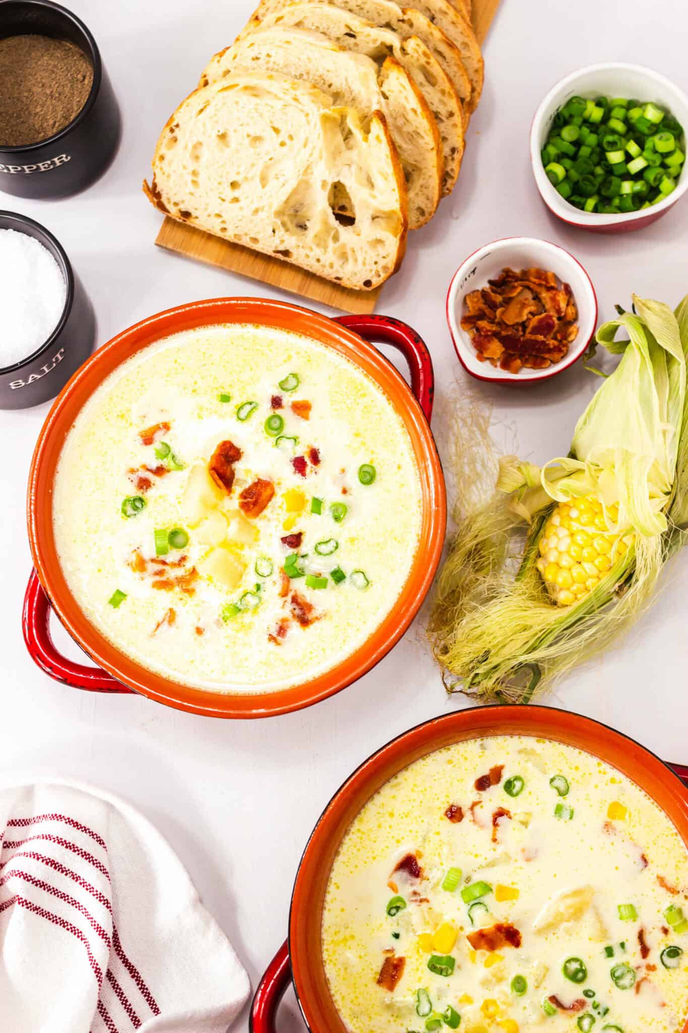 A top shot of the soup and all the ingredients.