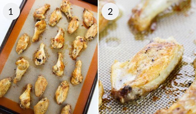 Two images of honey BBQ wings resting on a baking sheet with a non-stick mat. The left image showcases multiple wings, while the right provides a close-up of a wing's juicy texture. Numbers 1 and 2 are in circles.