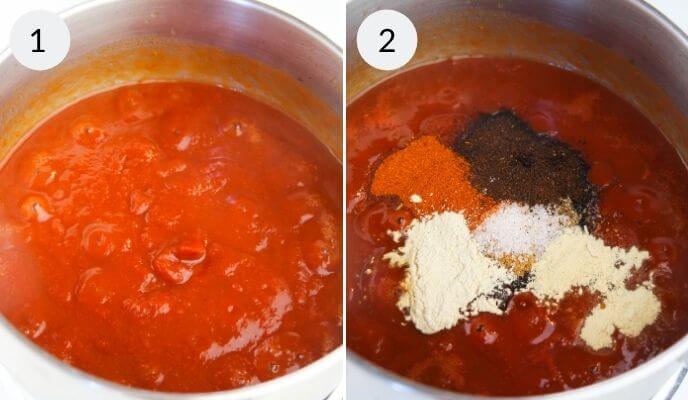 Two pots of tomato sauce simmer gently. The first pot is plain, while the second dances with flavor—chili powder, cayenne, garlic and onion powders, salt, and pepper mingle like the perfect marinade.