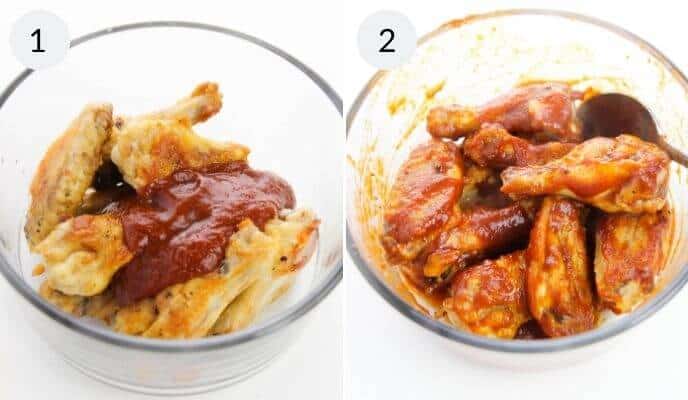 Two images of chicken wings in glass bowls: the left showcases Honey BBQ Wings with a barbecue glaze, while the right presents wings fully coated in the delicious sauce, accompanied by a spoon.