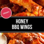Close-up of saucy, delicious Honey BBQ wings with a red "Crispy" label. The chicken wings are garnished with herbs and appear irresistibly appetizing.