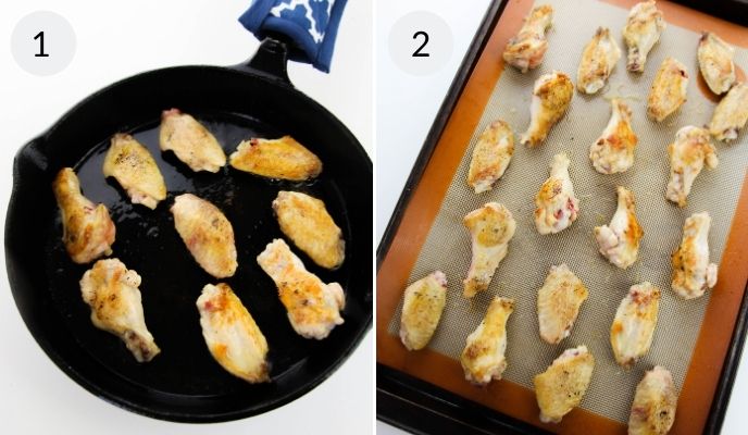 Cooking the wings in the skillet and baking tray.