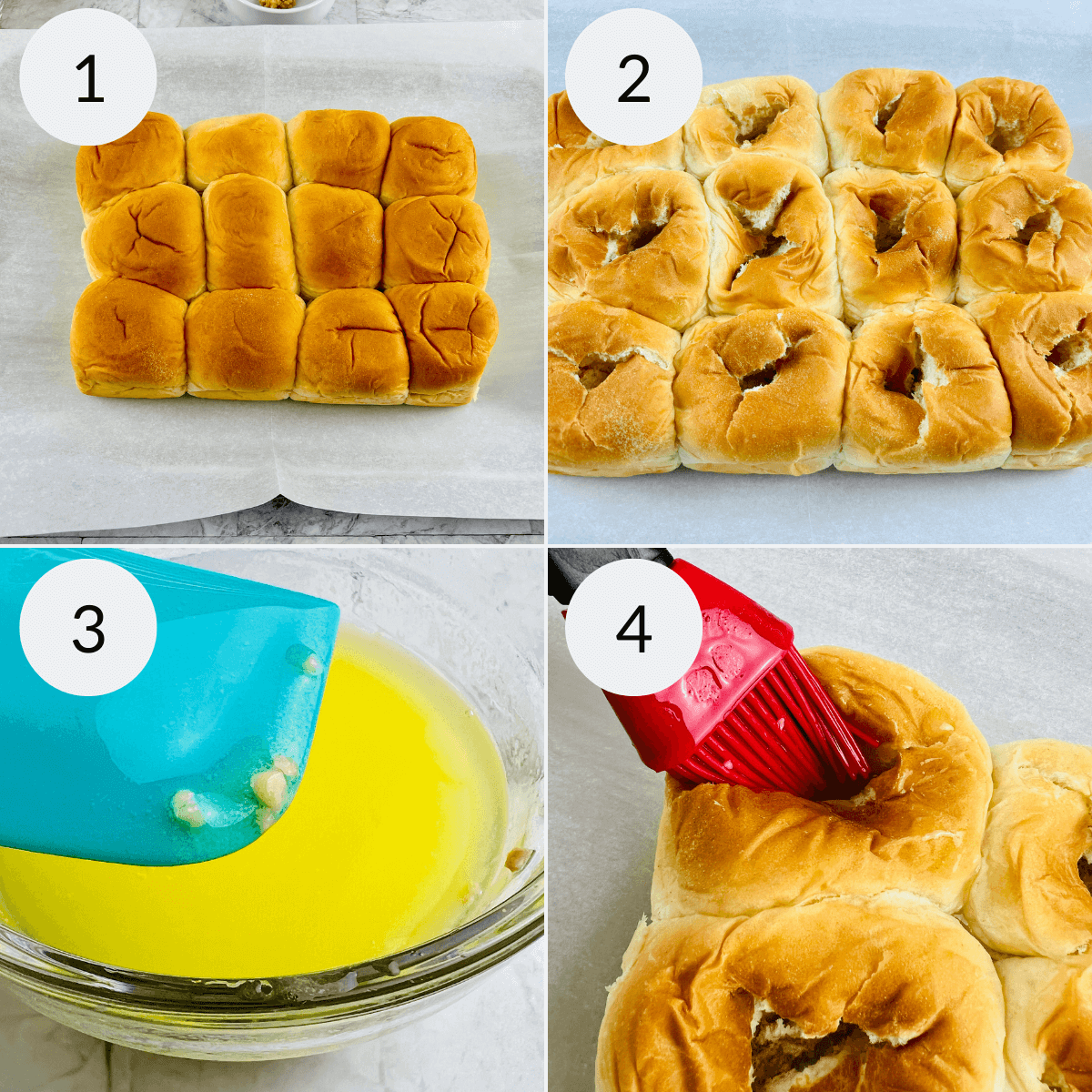 Four-step process for delicious meatball sliders: 1) Twelve buns on a tray. 2) Buns with slits for the perfect filling. 3) Melted butter in a bowl with a spatula. 4) Buns being brushed with butter, ready to be transformed into mouthwatering sliders.