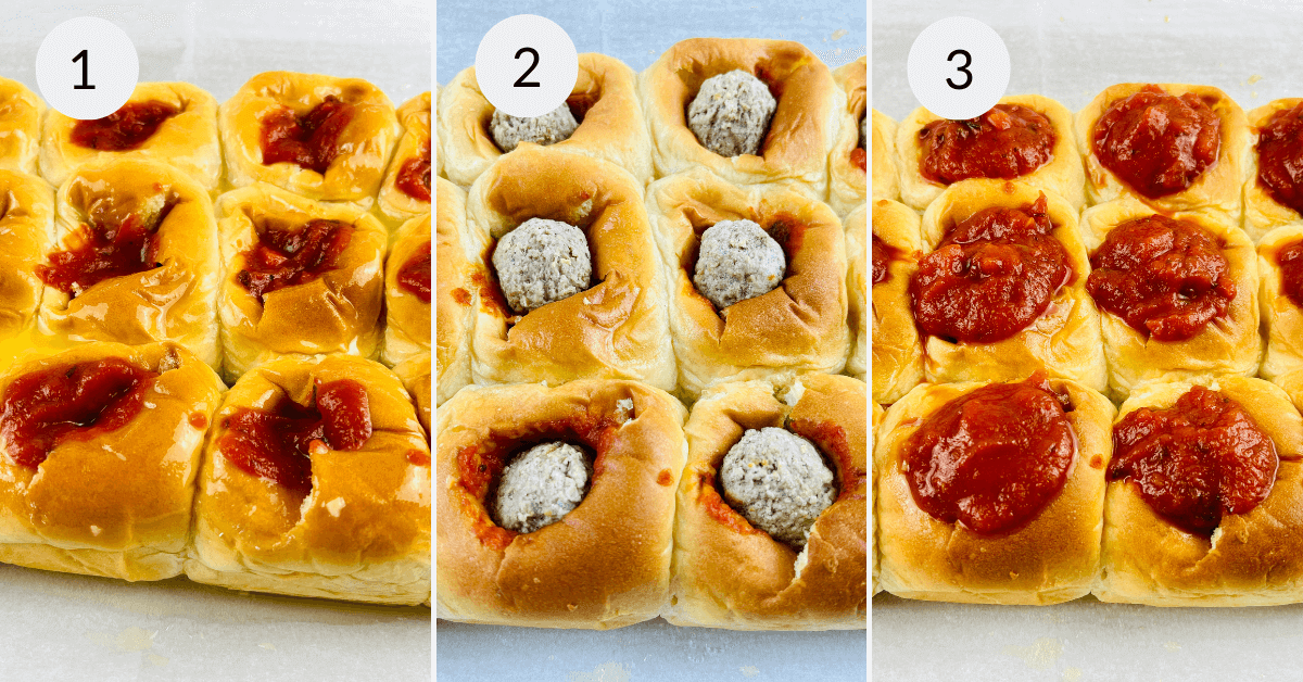 Prepare delicious meatball sliders in three easy steps: 1. Open the buns and spread a slight sauce. 2. Add savory meatballs to each bun. 3. Finish with a generous topping of tomato sauce for the perfect bite-sized treat.