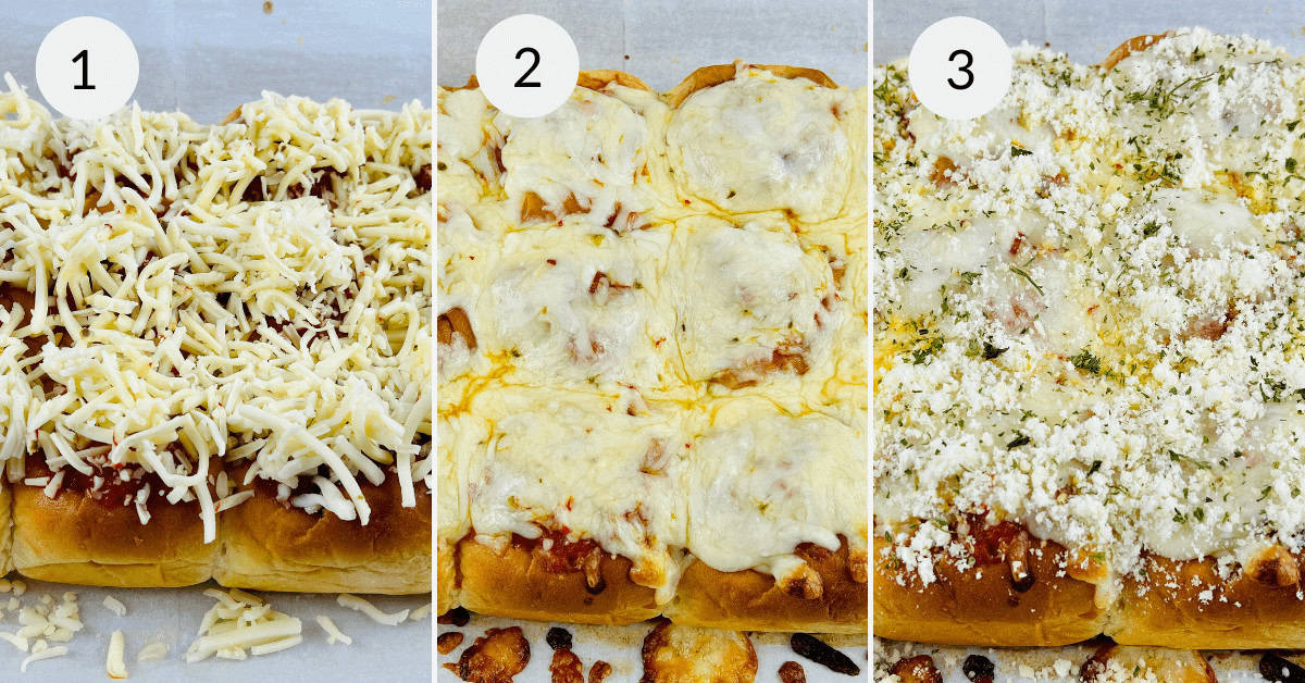 Three-step process of making cheesy bread: 1) Covered with shredded cheese, 2) Baked to perfection, alongside meatball sliders, 3) Topped with herbs and crumbled feta cheese.