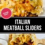 Meatball sliders with Italian flair, draped in cheese and herbs, sit enticingly on wooden boards, proudly displayed under a "Game Day" label.