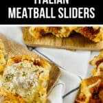 Delicious Italian meatball sliders rest on wooden boards, topped with melty cheese and fresh herbs, all set beneath a festive "Game Day" banner.