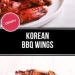 Two plates of flavorful Korean BBQ wings: one labeled "Crispy," boasting a pile of glossy, red-glazed delights; the other elegantly garnished with sesame seeds on a pristine white plate.