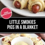 A delightful plate of Little Smokies Pigs in a Blanket, featuring mini sausages wrapped in flaky pastry, served alongside a tangy mustard dip.