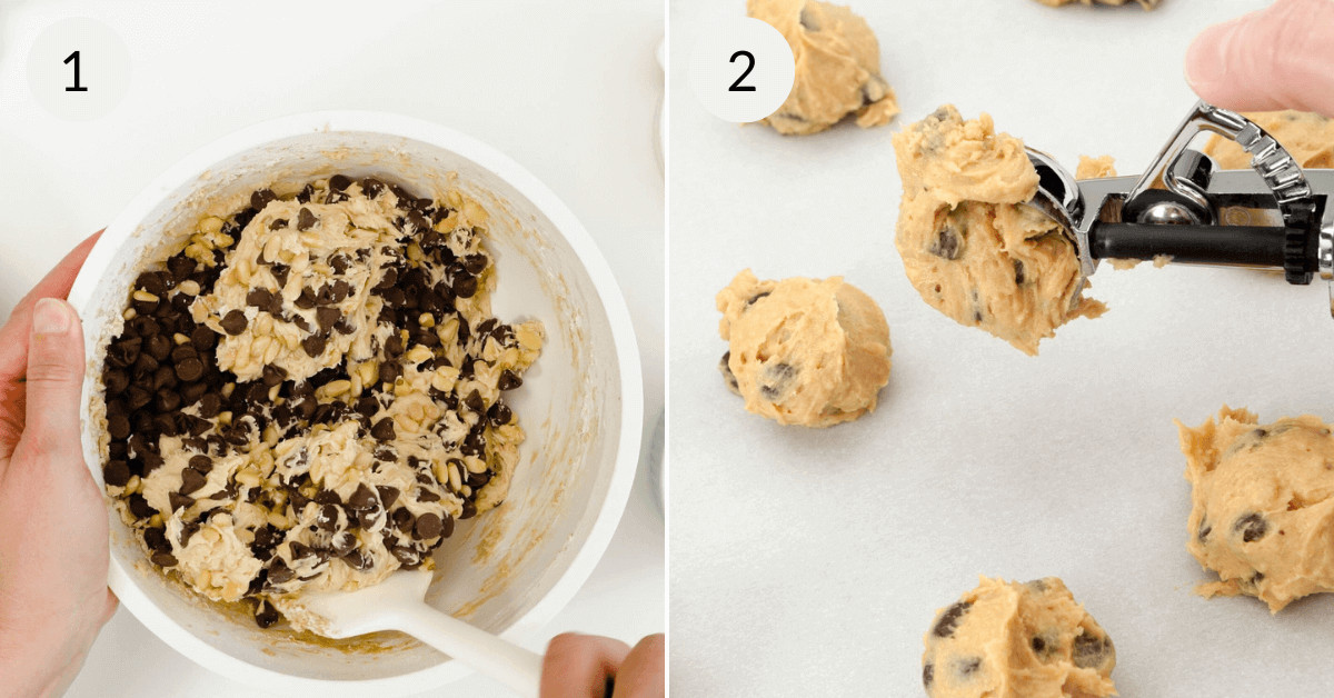 Mixing the dough and placing the cookies on a tray with a cookie scoop.