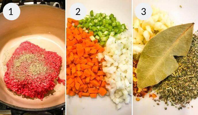 Simmer raw ground meat with spices in a pot for that signature heartiness of Olive Garden's Pasta Fagioli Soup. Toss in chopped carrots, celery, and onions, letting the flavors meld. Add a fragrant bay leaf and mixed herbs to create a comforting and delicious dish.