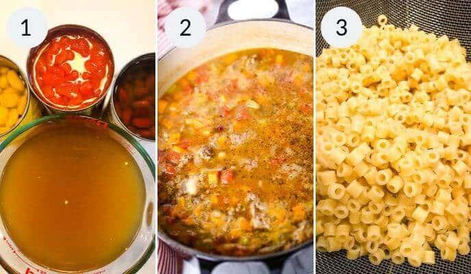 Three images showcasing the art of Olive Garden Pasta Fagioli Soup: 1) A delightful mix of canned goods, 2) The rich soup simmering beautifully in a pot, 3) Perfectly cooked pasta resting in a strainer.