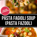 Close-up of a spoonful of Olive Garden Pasta Fagioli Soup, brimming with beans, meat, and vegetables, over a bowl filled with the same comforting soup.