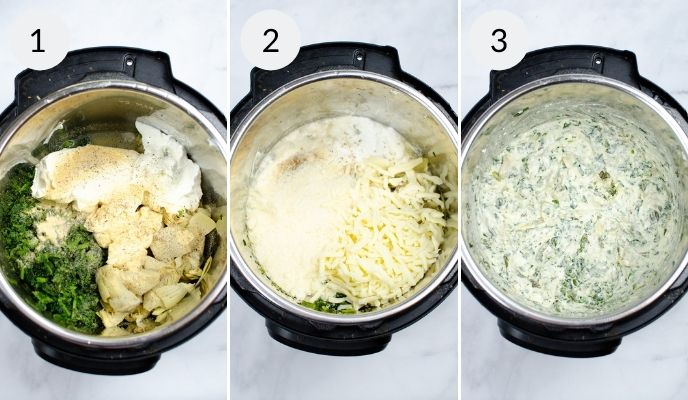 Three pictures showing how to make instant pot cheesy dip inspired by Olive Garden's spinach artichoke dip.