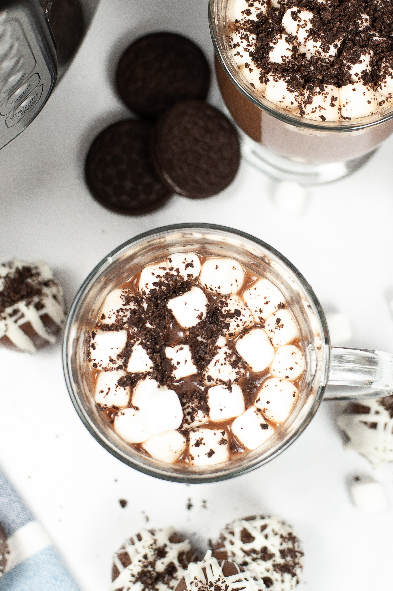 A top shot of the hot chocolate with marshmallows on top.