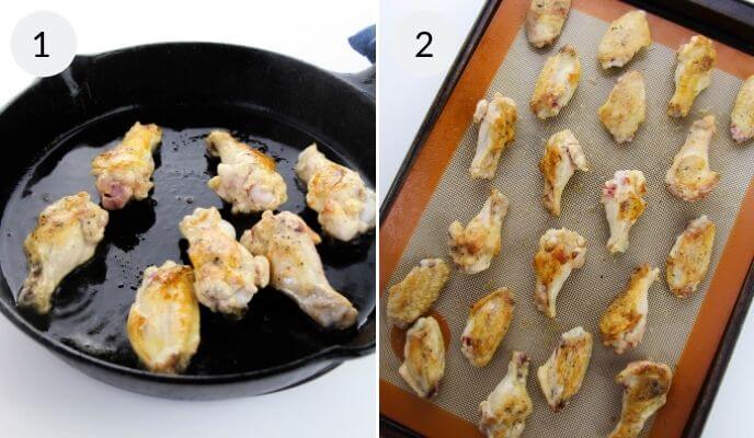 Chicken wings cooking in a cast iron pan on the left, while oven baked buffalo wings crisp up perfectly on a baking sheet to the right.