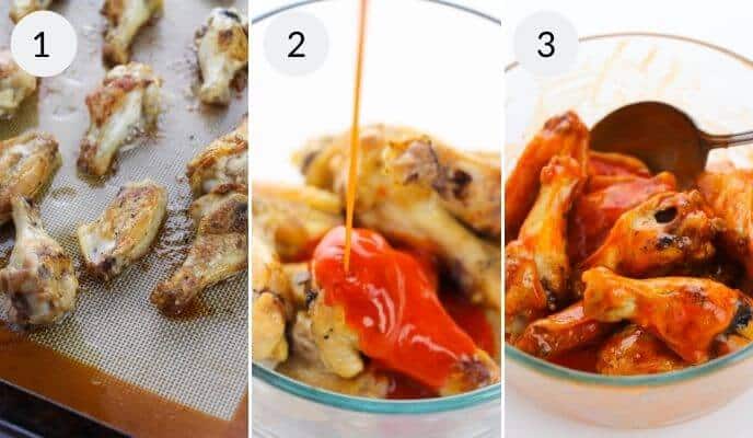 Enjoy our three-step process for perfect Oven Baked Buffalo Wings: 1) Arrange wings on a tray and bake them to crispy perfection, 2) Generously pour hot sauce over the wings, 3) Toss the wings in a bowl to ensure they're fully coated in that spicy goodness.