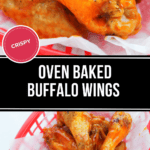 Two red baskets brimming with golden, crispy goodness rest on lined paper, showcasing the irresistible allure of oven-baked buffalo wings.