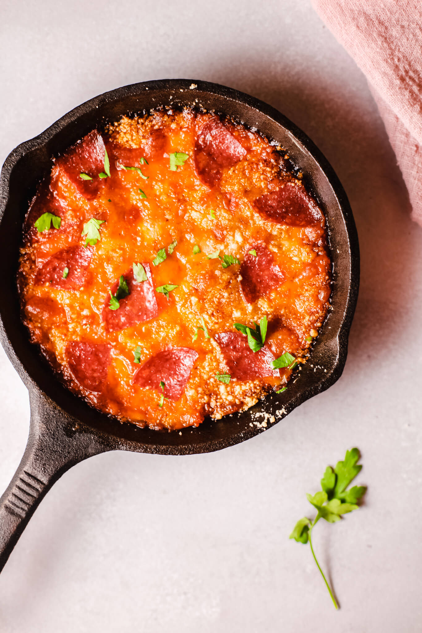 A skillet full of the pepperoni dip.