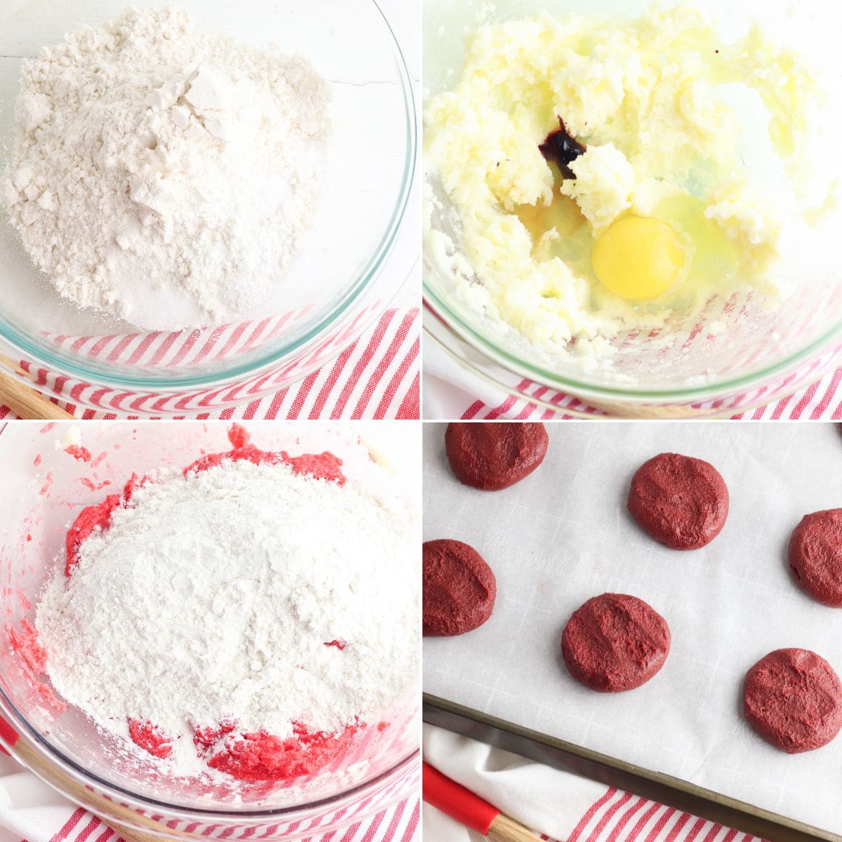 Four images show steps of making Red Velvet Cookies with Cream Cheese Frosting: mixing dry ingredients, creaming butter and egg, combining with red batter, and forming dough rounds on a baking sheet.
