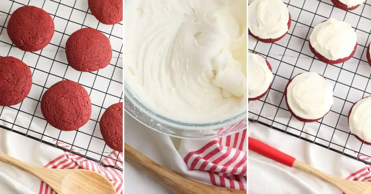 Three-panel image featuring  cooling on a rack, a bowl of creamy frosting, and finished treats—all alongside a wooden spoon and a red-striped towel.