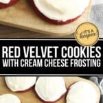 Red Velvet Cookies with Cream Cheese Frosting are beautifully arranged on a wooden board and a striped cloth, making for an irresistible treat.