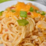 A plate of creamy rotel chicken spaghetti topped with melted cheese and garnished with chopped green onions.