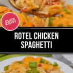 A spoon serves a close-up of creamy rotel chicken spaghetti, beautifully garnished with chopped green onions. The delectable dish features tender pieces of chicken, melted cheese, and savory rotel tomatoes.