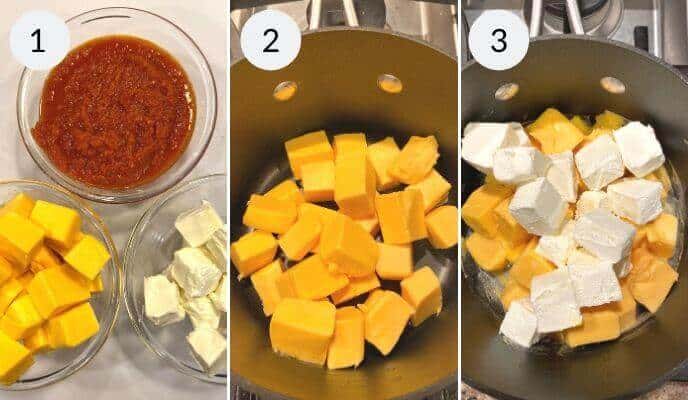 Three panels showing steps to make a cheese dip: 1) Ingredients—salsa, Velveeta, cream cheese for a slow cooker pizza dip. 2) Pot with Velveeta cubes. 3) Pot with added cream cheese cubes.
