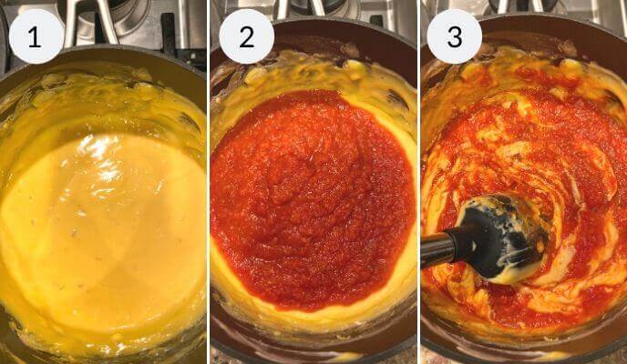 Three steps showing the creation of a slow cooker pizza dip. Step 1: Pour yellow cheese sauce. Step 2: Add rich tomato sauce. Step 3: Gently blend the two sauces to partially mix, creating a delicious base for your dip.