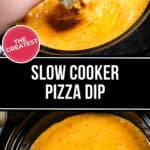 Person dipping bread into a bubbling slow cooker pizza dip. Text reads: "Discover the Ultimate Slow Cooker Pizza Dip Experience.