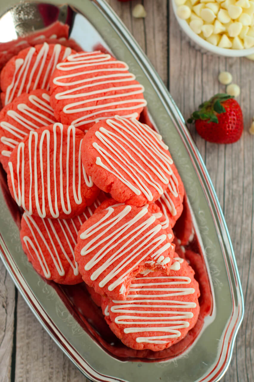 A top shot of the strawberry cake mix cookies.