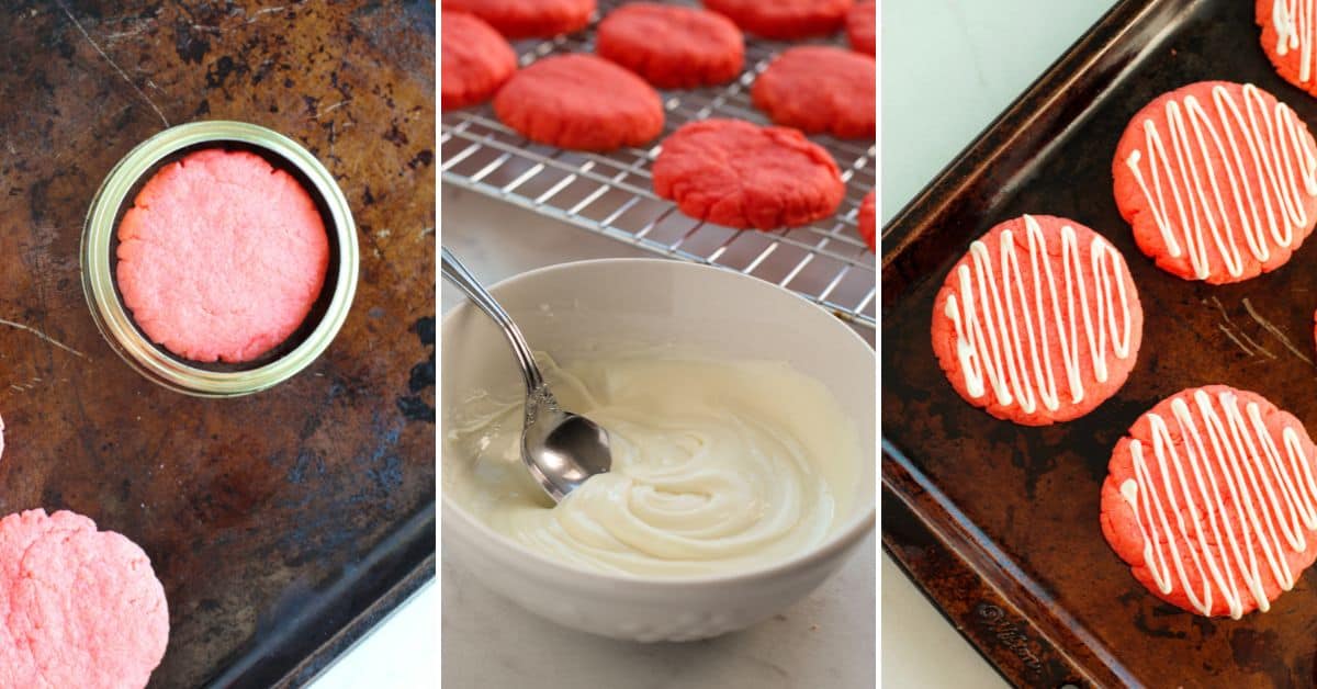 Three images show steps  pressing dough in a jar lid, cooling on a rack, and drizzling white icing over the baked on a tray.
