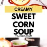 A bowl of creamy Lighter Corn Chowder topped with bacon and green onions, served with slices of bread, a spoon, and small bowls of toppings on the side.