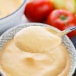 A spoon holding thick, creamy orange Tomato Basil Bisque above a bowl, with tomatoes, celery, and an onion in the background.