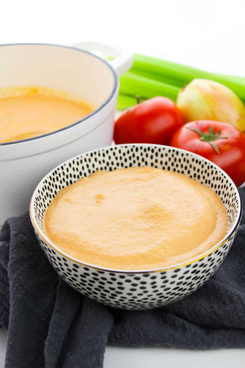 A bowl sits on a dark cloth, with a pot of soup, celery, tomatoes, and an onion in the background.