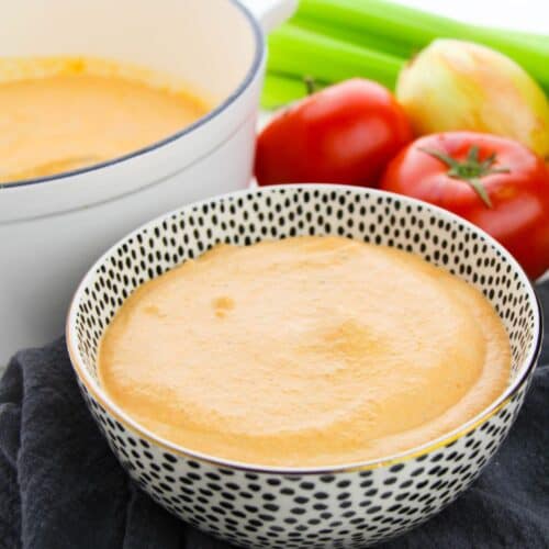 A bowl sits on a dark cloth, with a pot of soup, celery, tomatoes, and an onion in the background.