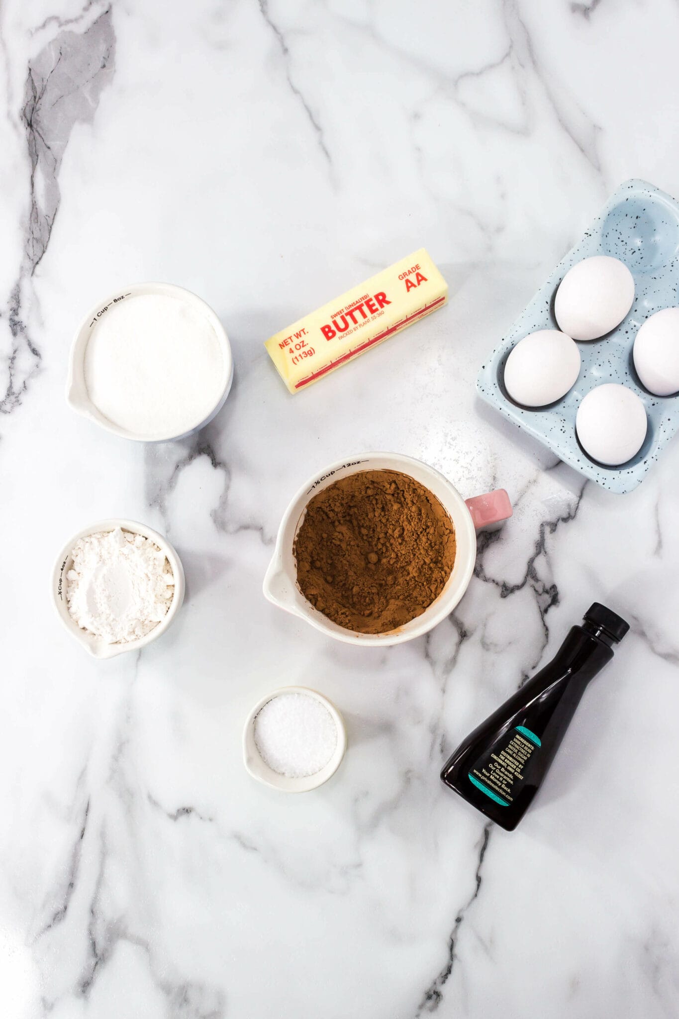 Sugar, flour, chocolate and butter for the brownies.