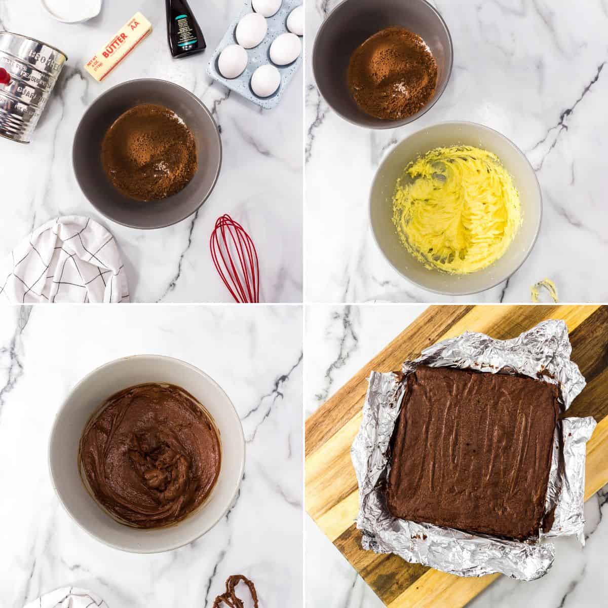Four-step collage showing Triple Chocolate Brownies preparation: mixing dry ingredients, creaming butter and sugar, combining batter, and baked brownies on foil atop a wooden board.