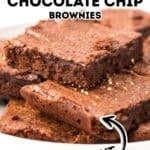 A plate of Triple Chocolate Brownies stacked high, with one brownie partially eaten. Text reads: "Triple Chocolate Brownies. Decadent.