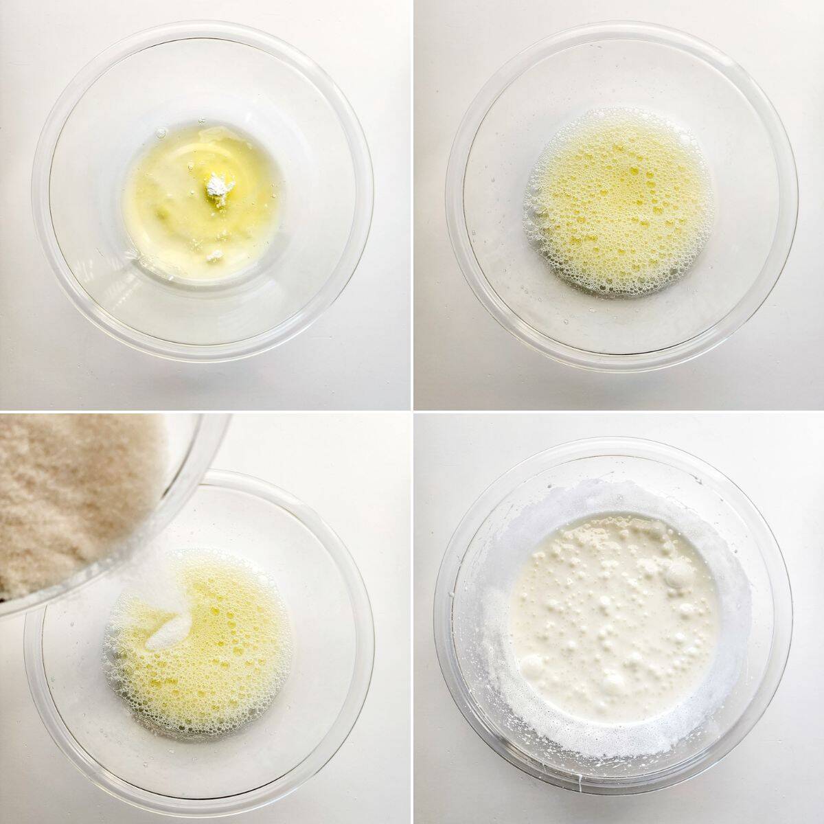 Four-step process of making Meringue Cookies: egg whites in a bowl, egg whites slightly foamy, sugar being added, and mixture whipped to stiff peaks.