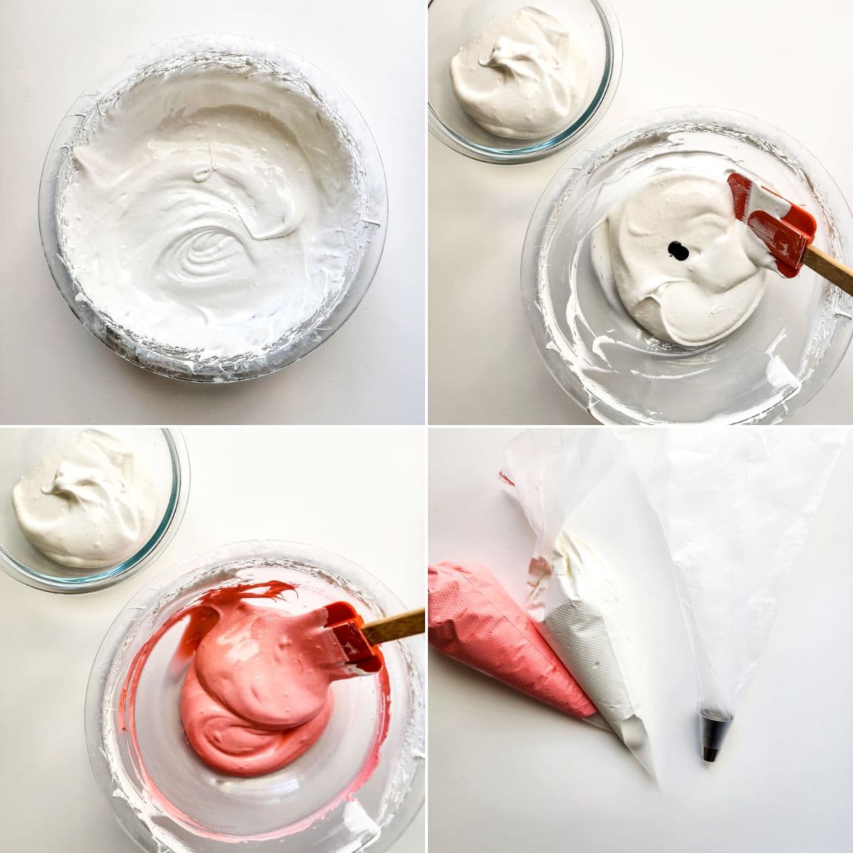 Four images show steps of making meringue cookies: whipped meringue, adding food coloring, mixing pink meringue, and piping bags filled with white and pink meringue.