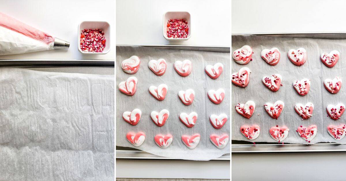 Three images show a baking tray lined with parchment paper, heart-shaped piped Meringue Cookies, and the finished meringues decorated with red and pink sprinkles.