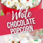 Two views of the white popcorn in a festive tin.