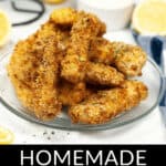 Air Fryer Fish Sticks on a plate with lemon wedges.