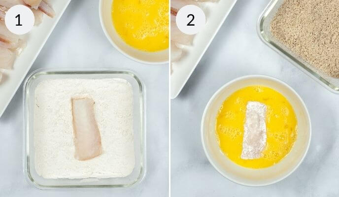 Step-by-step process of breading a piece of fish for Air Fryer Fish Sticks: step 1 shows the fish being coated in flour, and step 2 shows the flour-co
