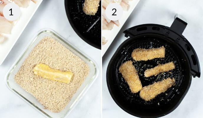 Step-by-step process of air fryer fish sticks: step 1 displays the fish being coated in breadcrumbs, and step 2 shows the air fryer fish sticks ready to be cooked.