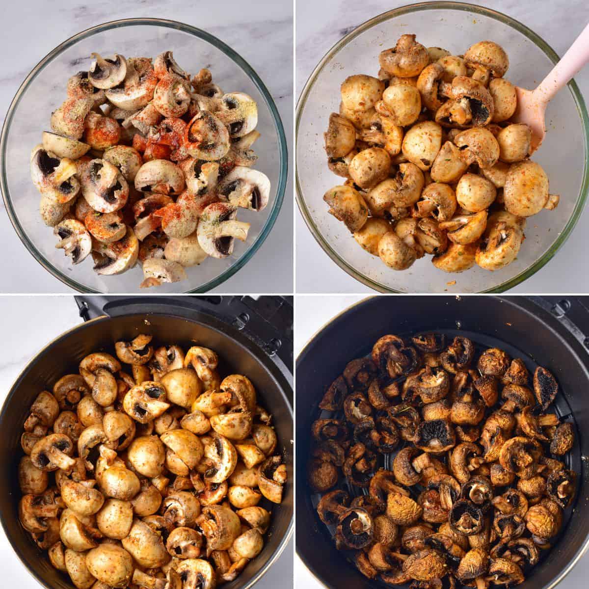 Four images show Air Fryer Mushrooms being seasoned in bowls, then placed in the air fryer, and finally cooked until browned.